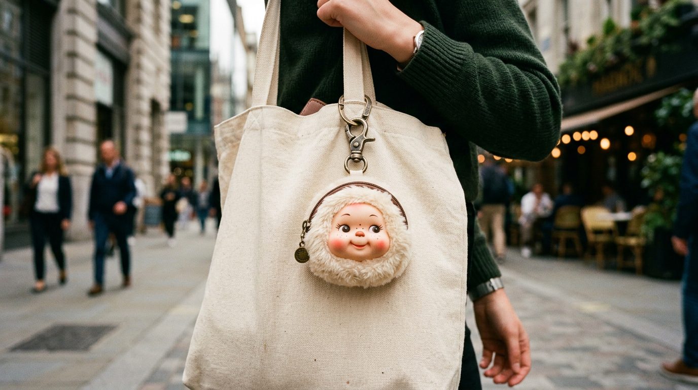 Baby Three Vinyl-Face Plush Zipper Bag Charm Clipped To A Canvas Tote Bag
