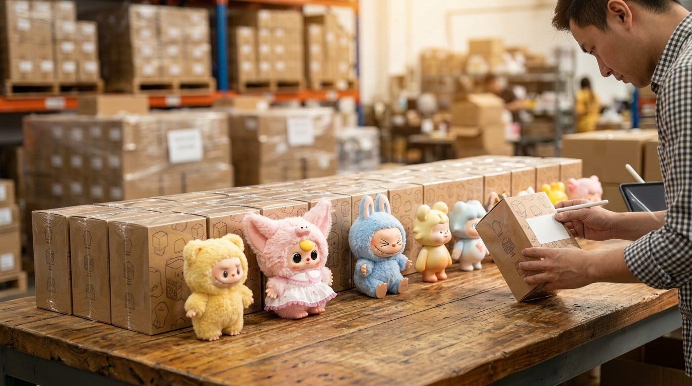 Buyer Checking Cartons Of Authentic Blind Boxes In A Wholesale Warehouse