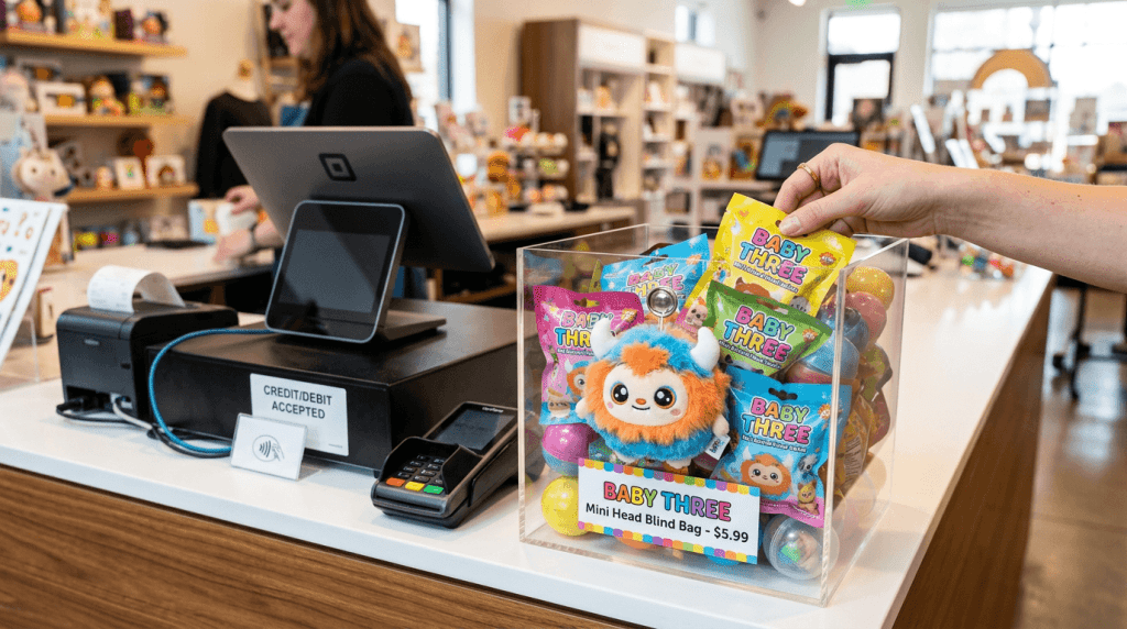 Well-Lit Modern Retail Checkout Counter Showcasing The Baby Three Mini Animal Head Impulse-Buy Series
