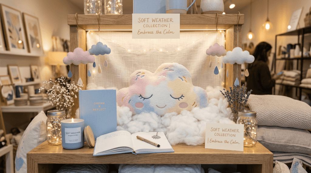 Aesthetic Dreamy Retail Display Showcasing The Nommi Weather Forecast Soft Color Plush Series