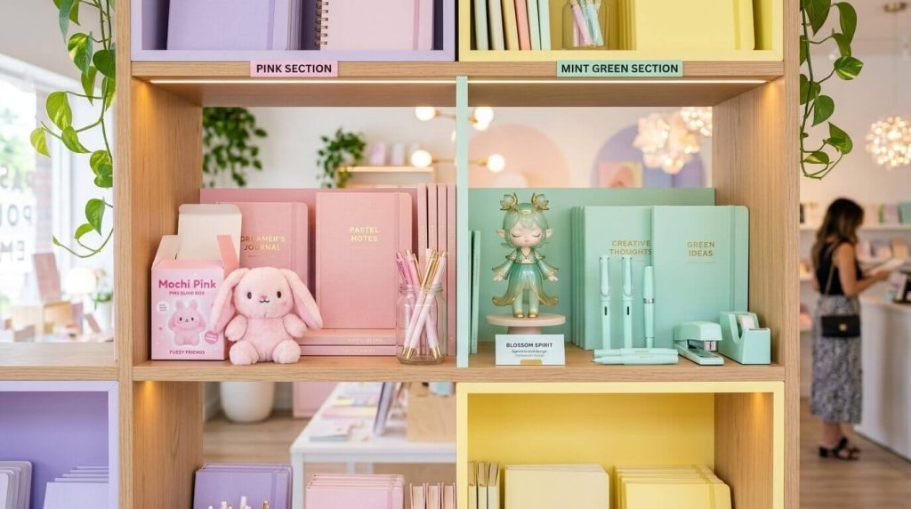 Vitrine de varejo com tema pastel, de estilo estético, apresentando caixas surpresa para lojas de artigos de papelaria e estilo de vida