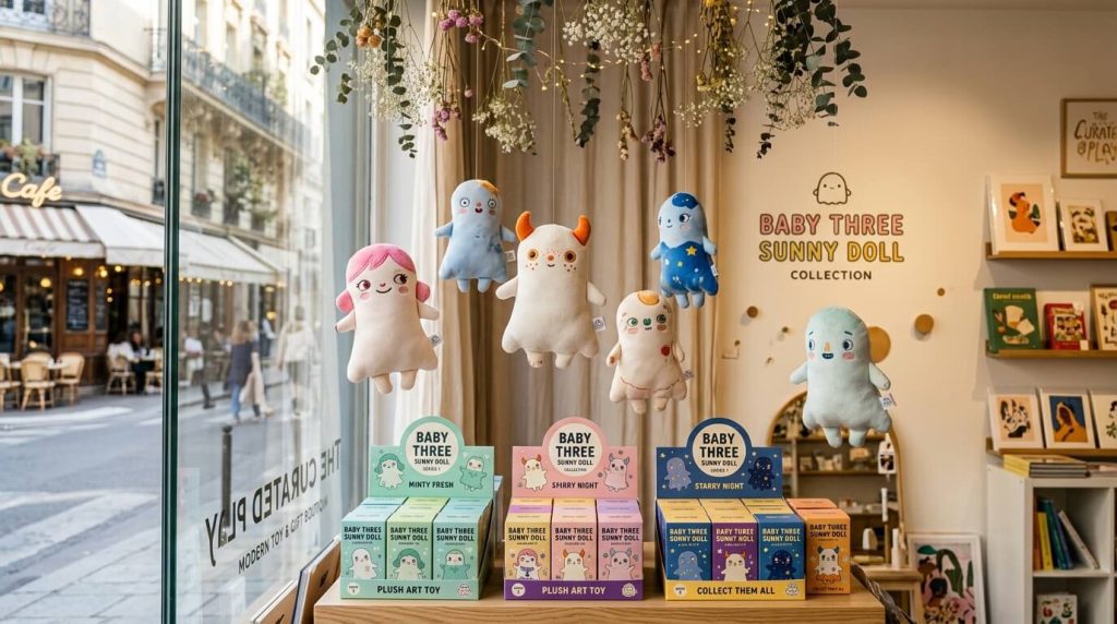 Creative Retail Window Display Showcasing The Baby Three Sunny Doll Plush Series For Stores