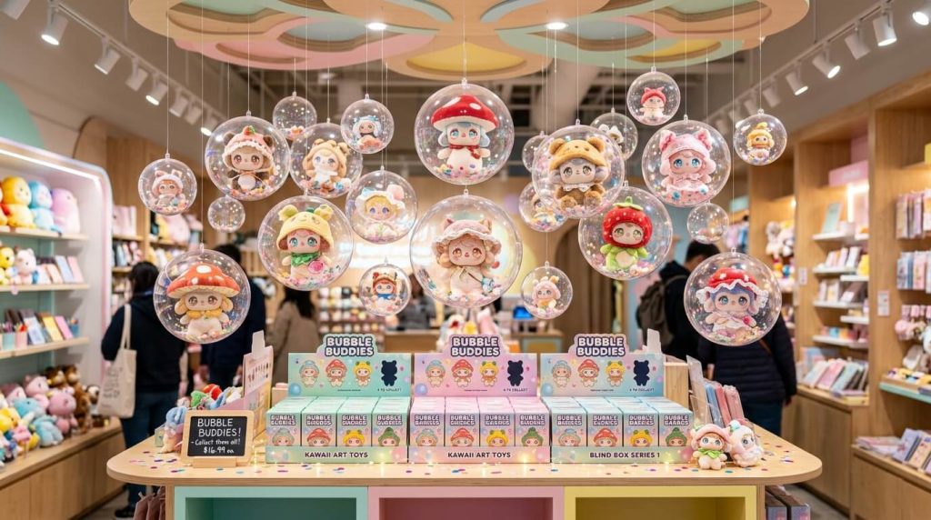 Whimsical Creative Retail Display Featuring The Kimmon Hat Bubble Cute Plush Blind Box Series