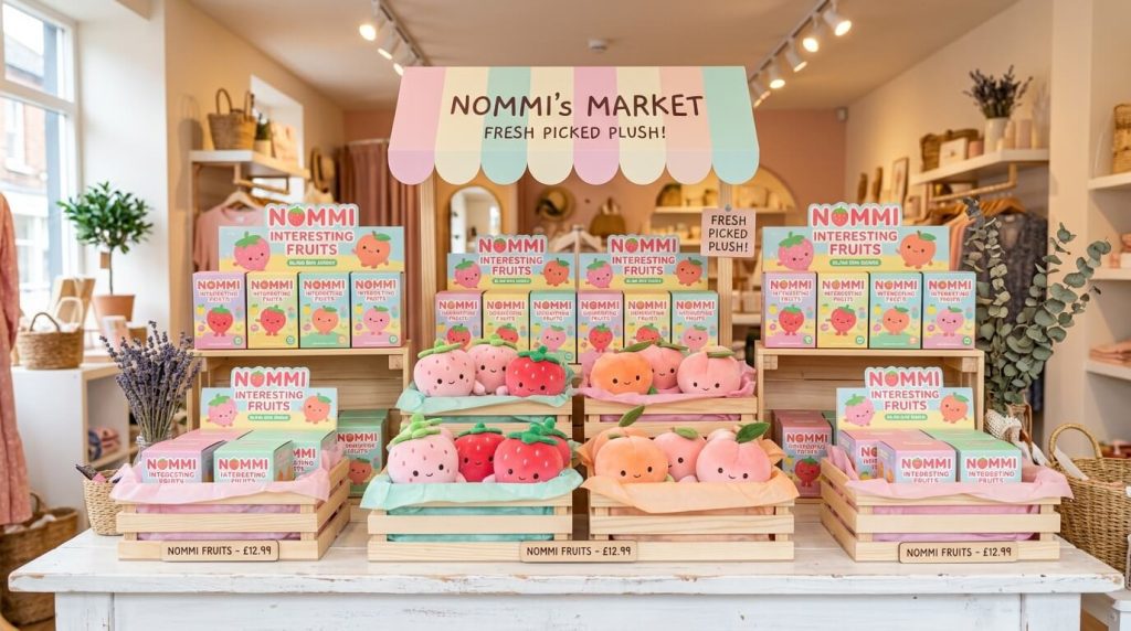 Creative Pastel-Colored Retail Display Featuring The Nommi Interesting Fruits Food-Themed Plush Series