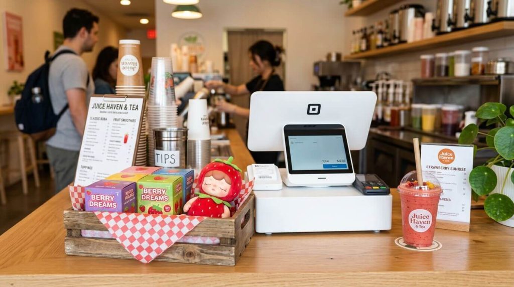 Refreshing Retail Checkout Counter Inside A Modern Juice Bar With Nanci Baby Fruit Blind Boxes