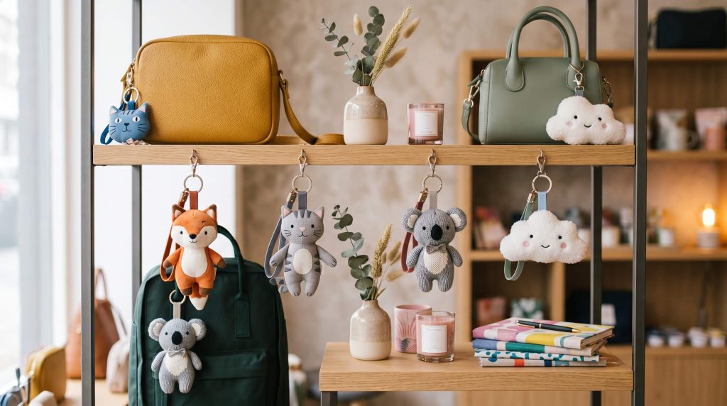 Витринная экспозиция для сумок «Baby Three Zipper» в рамках тренда на брелки для сумок