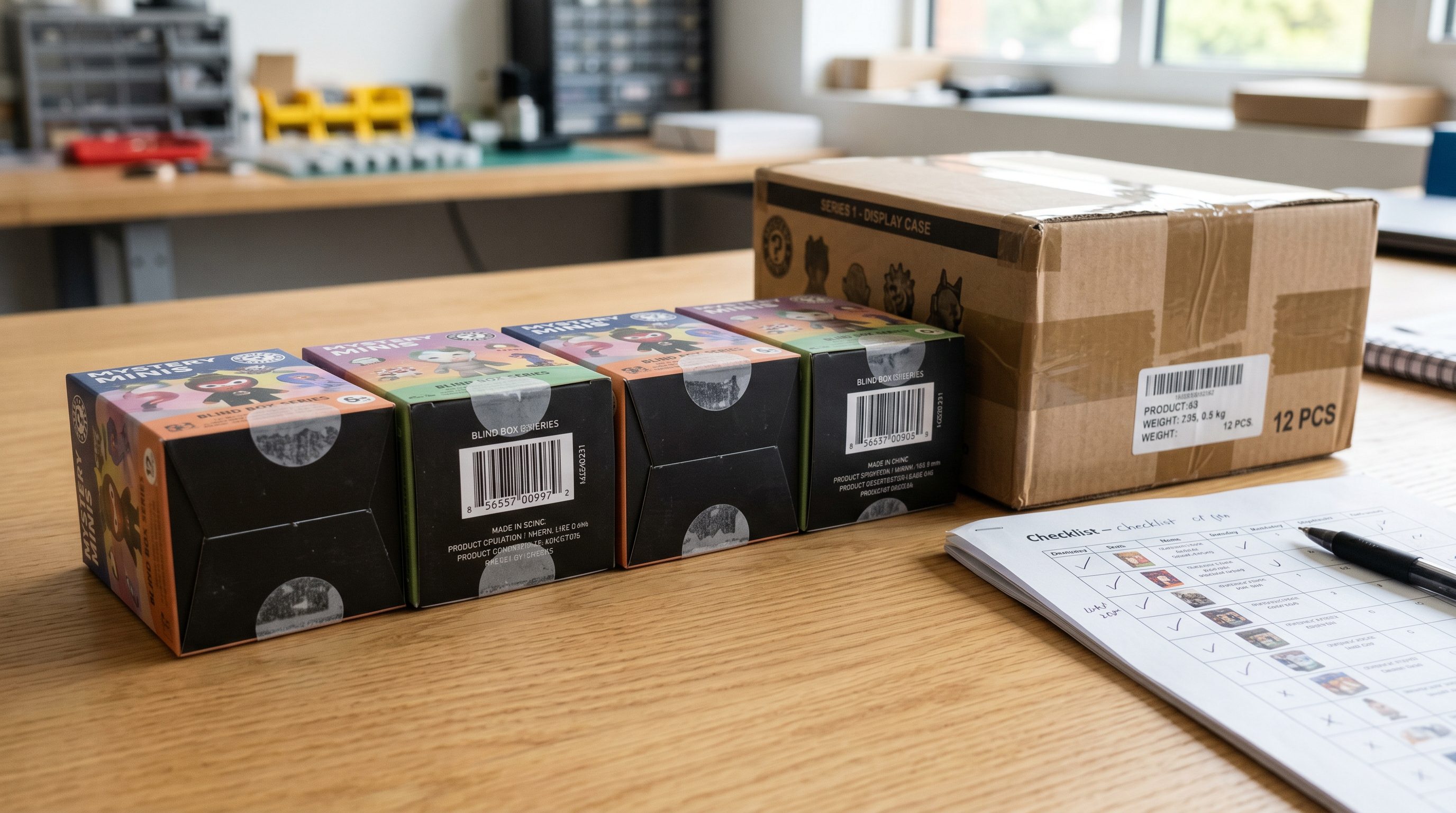 Unopened Blind Box Samples Being Checked Against Approved Packaging Details
