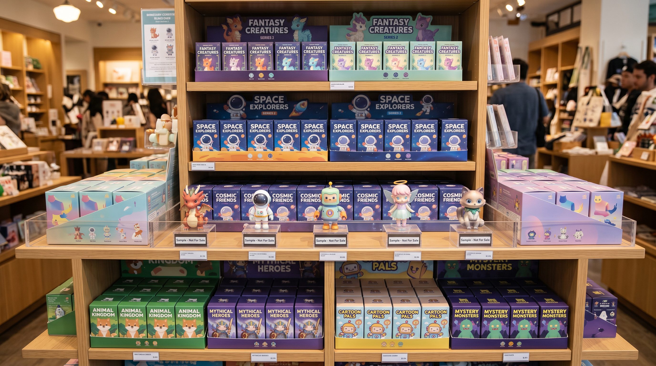 Blind Box Series Grouped On A Retail Shelf With Samples Separated From Sealed Boxes