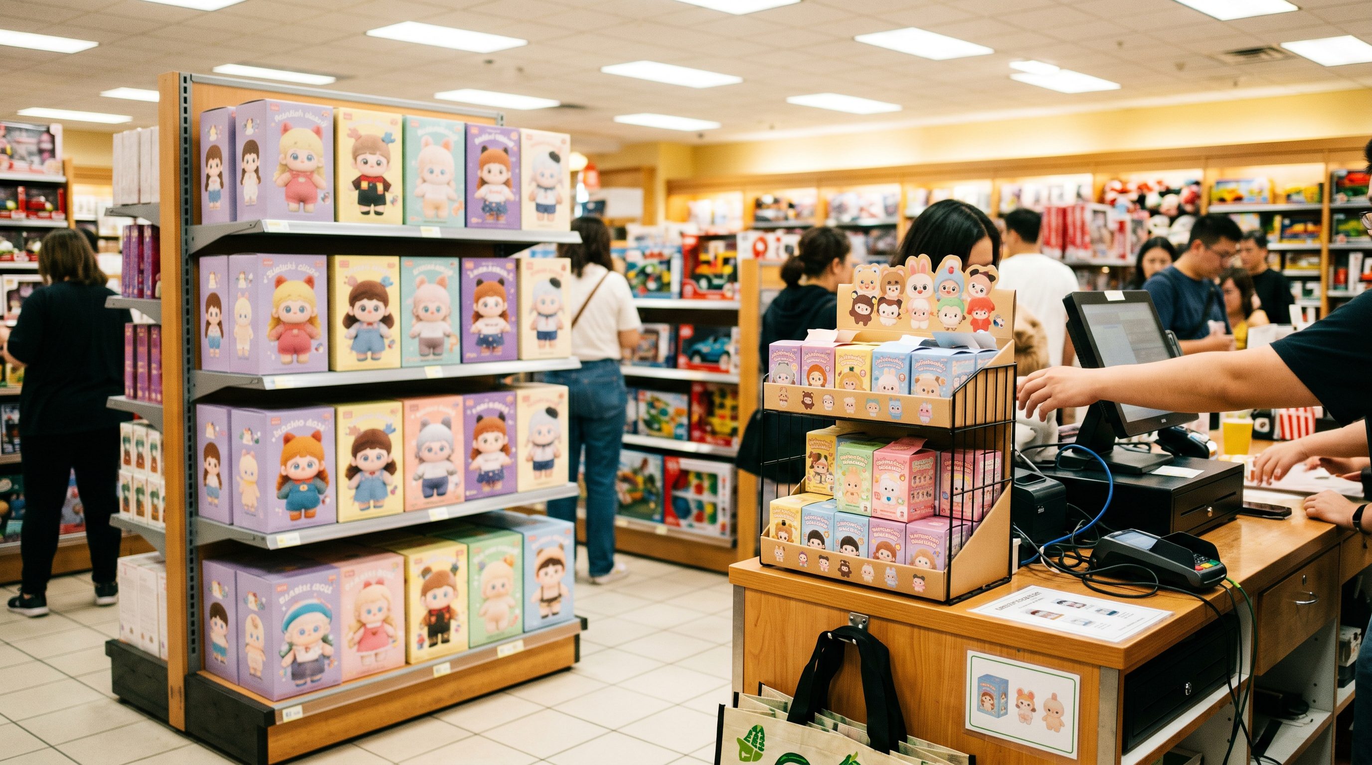 Plush Keychain And Plush Doll Blind Box Formats Displayed In Different Retail Fixture Areas