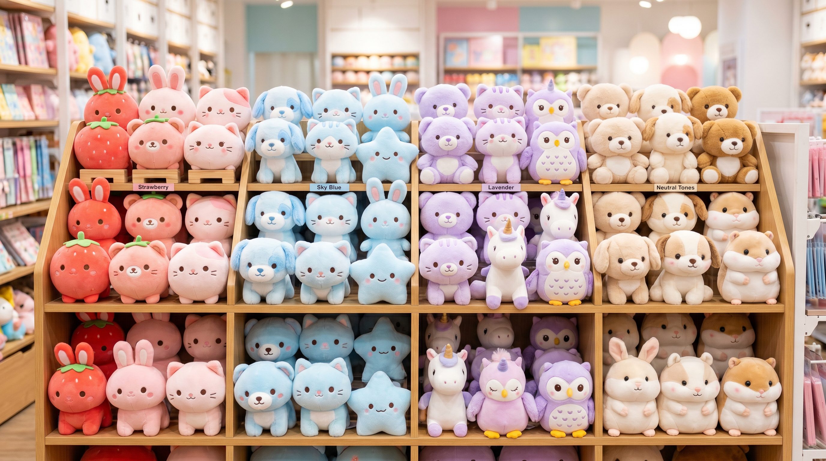 Kawaii Plush Shelf Arranged By Size Role And Pastel Color Story