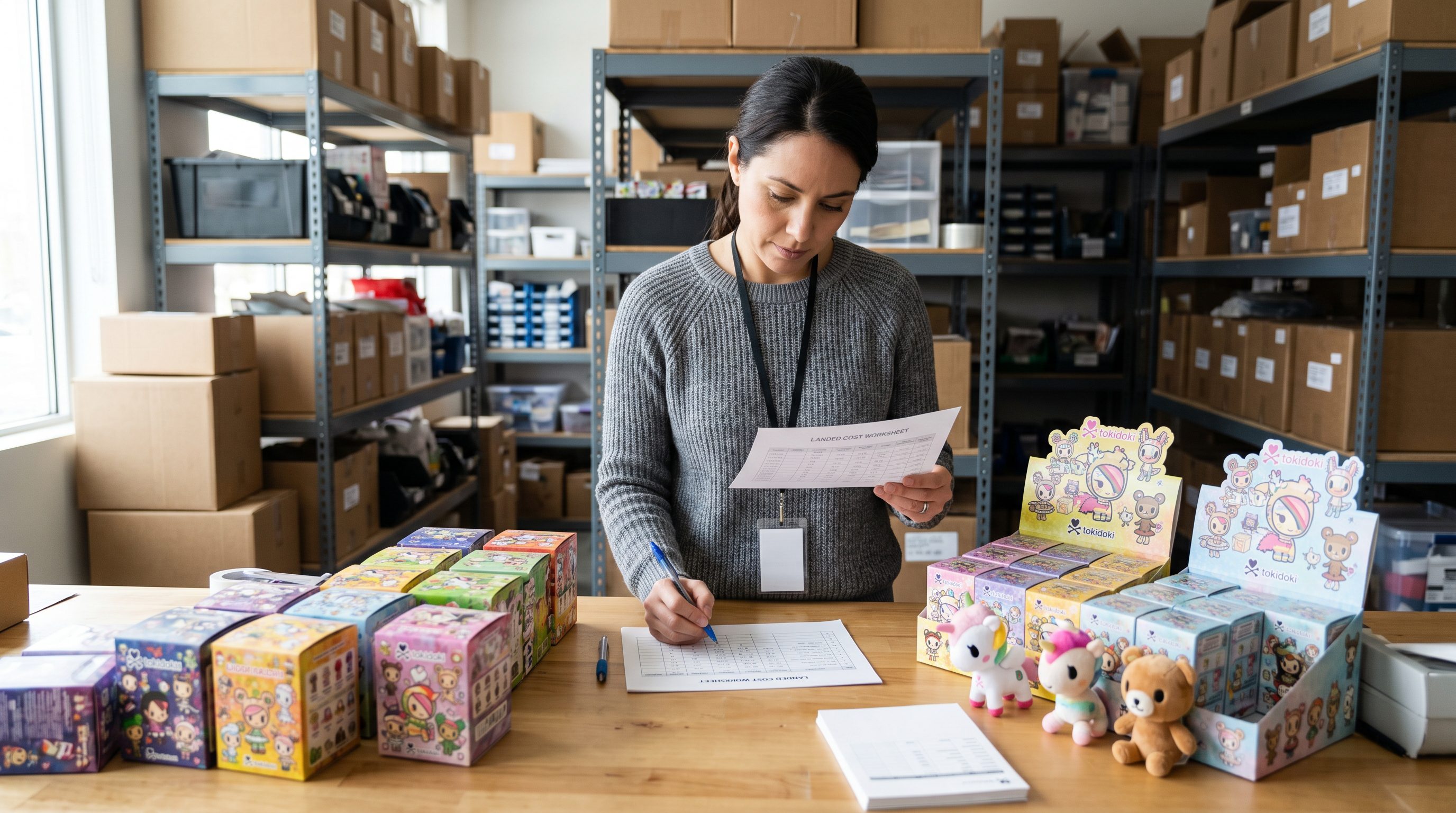 Retail Buyer Reviewing Plush Blind Box Cartons And Landed Cost Planning