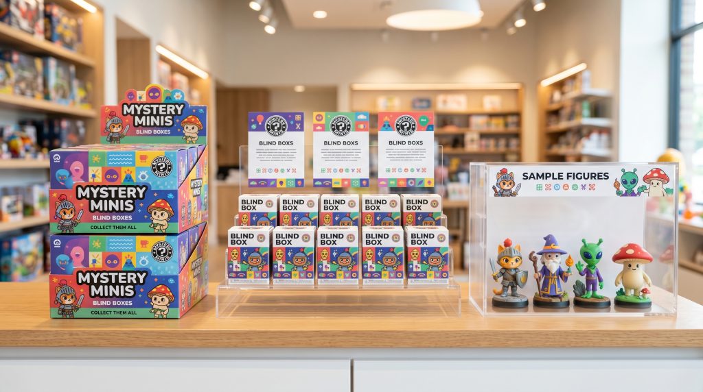 Retail Display Comparing Sealed Whole Set Cartons, Random Blind Boxes, And Opened Sample Figures