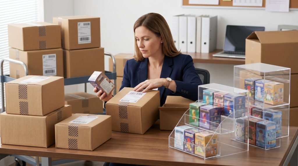 Comprador minorista que inspecciona cajas de «blind boxes» precintadas antes de su aprobación para la venta al por mayor