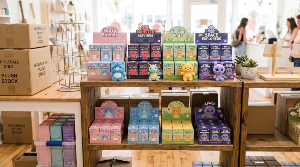 Plush Blind Box Assortment Arranged On Retail Shelves For Wholesale Buying Planning