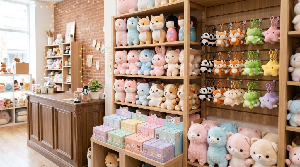 Organized Kawaii Plush Display With Plush Dolls, Keychains, And Blind Box Trays In A Retail Shop