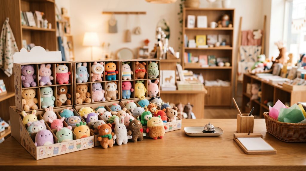 Plush Blind Box Display Arranged On A Retail Checkout Counter