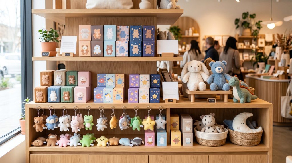 Gift Shop Plush Blind Box Display With Plush Keychains And Soft Toy Mystery Boxes