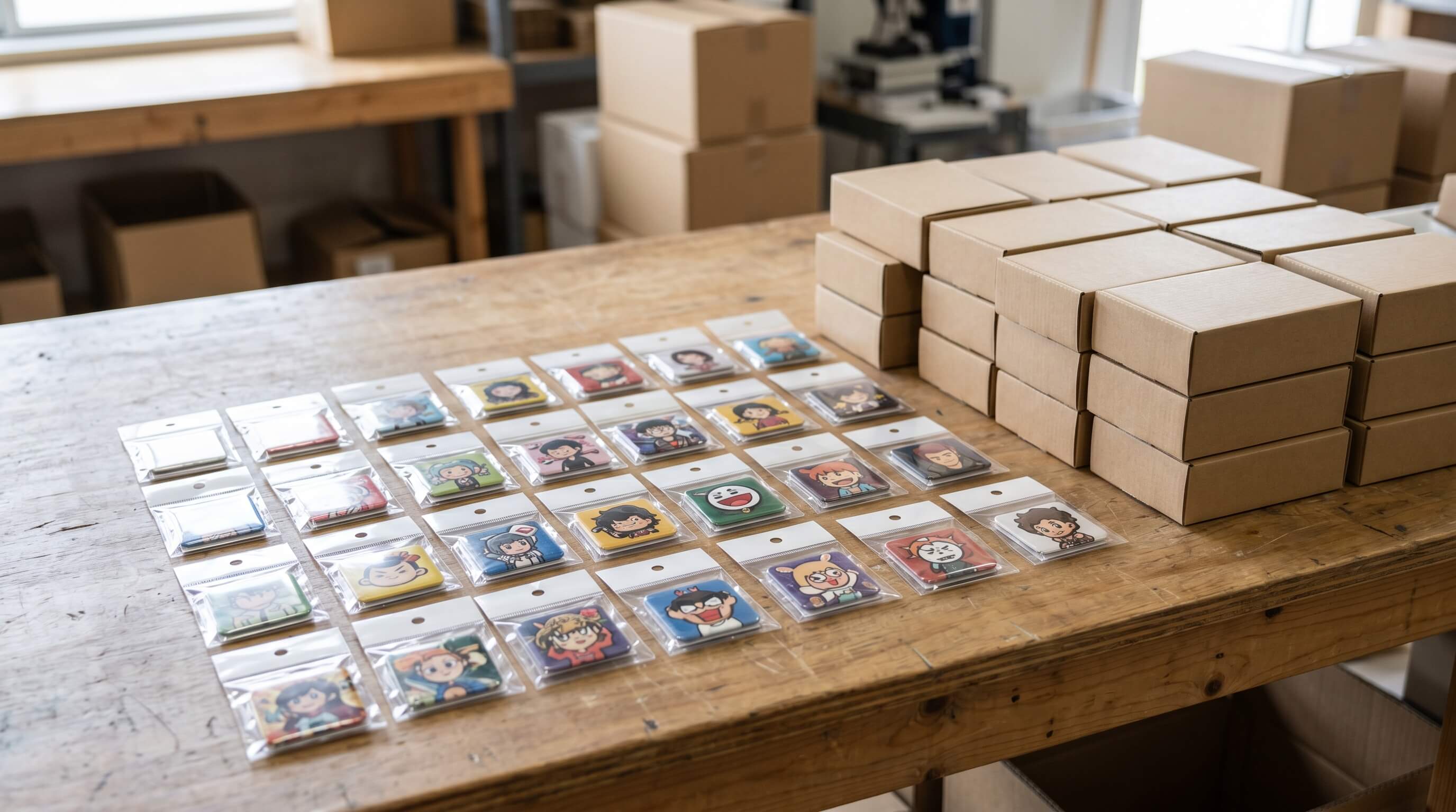Packaged Link Click Badges Ready For Quality And Carton Checks
