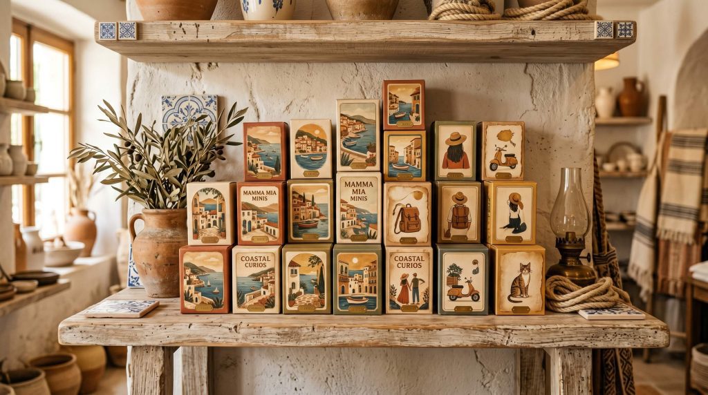 Expositor comercial «Past In Sicily» con cajas sorpresa y estética vintage