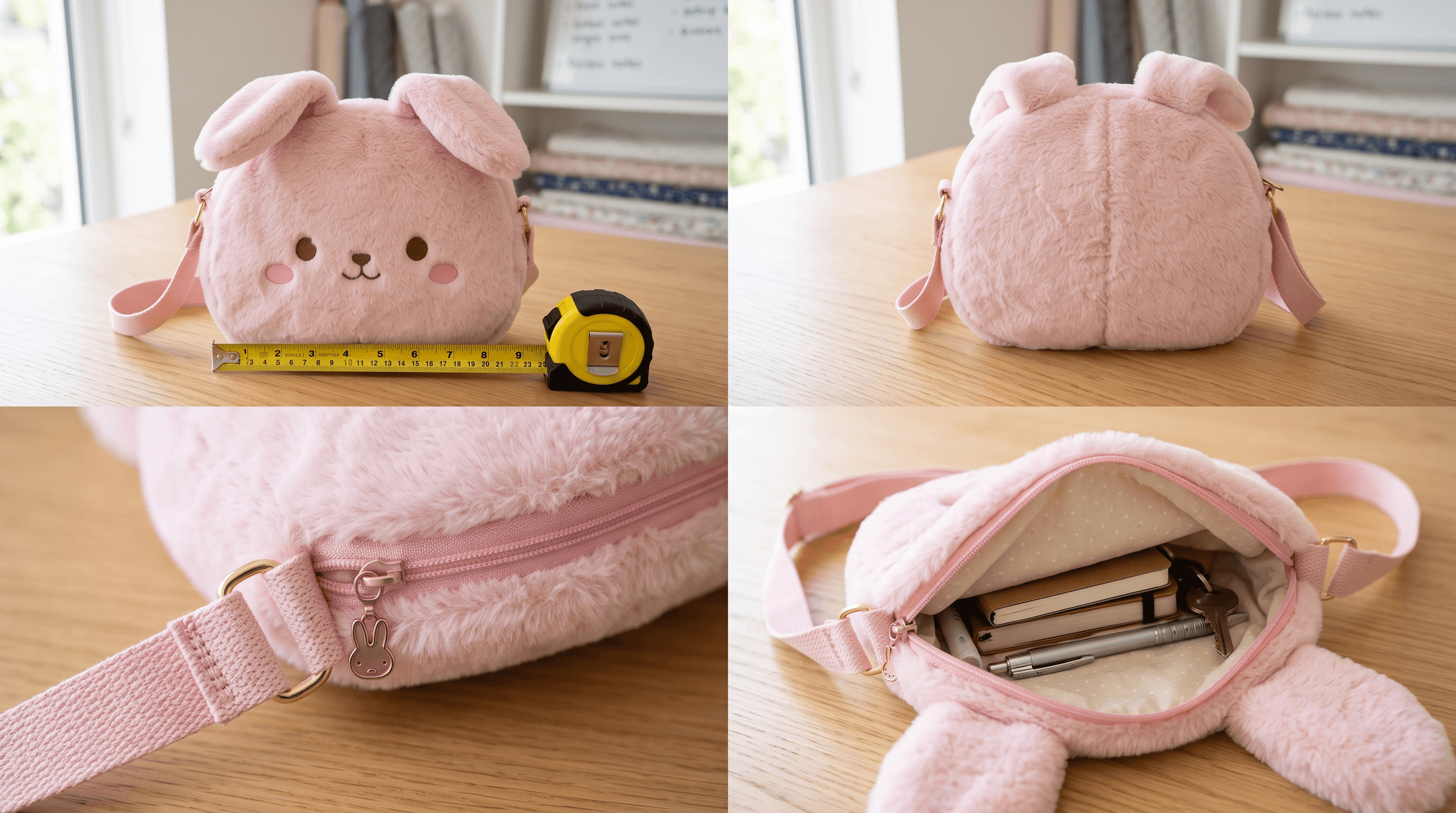 Front, Back, Interior, Closure And Strap Details Of A Wearable Plush Bunny Bag Laid Out For Review