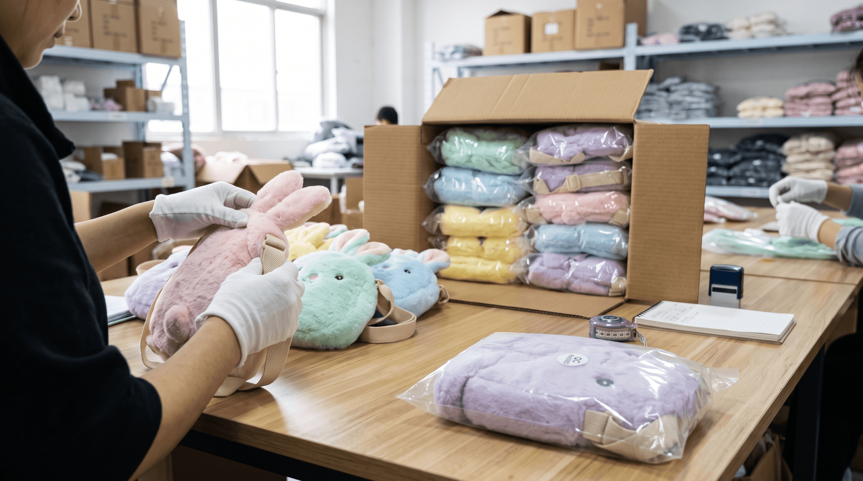 Quality And Packaging Checks On Wearable Plush Bunny Bags Next To An Open Master Carton