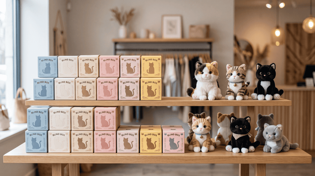 Sealed Cat Plush Blind Boxes Displayed On A Retail Shelf