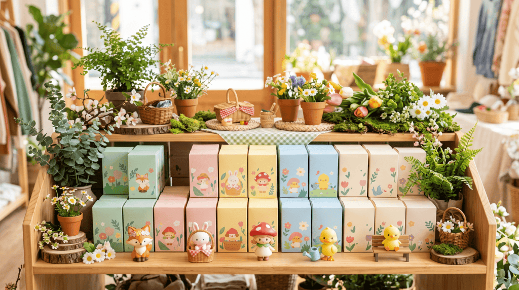 Expositor comercial de cajas sorpresa con temática primaveral utilizado en la guía de abastecimiento «Nora Spring Outing»