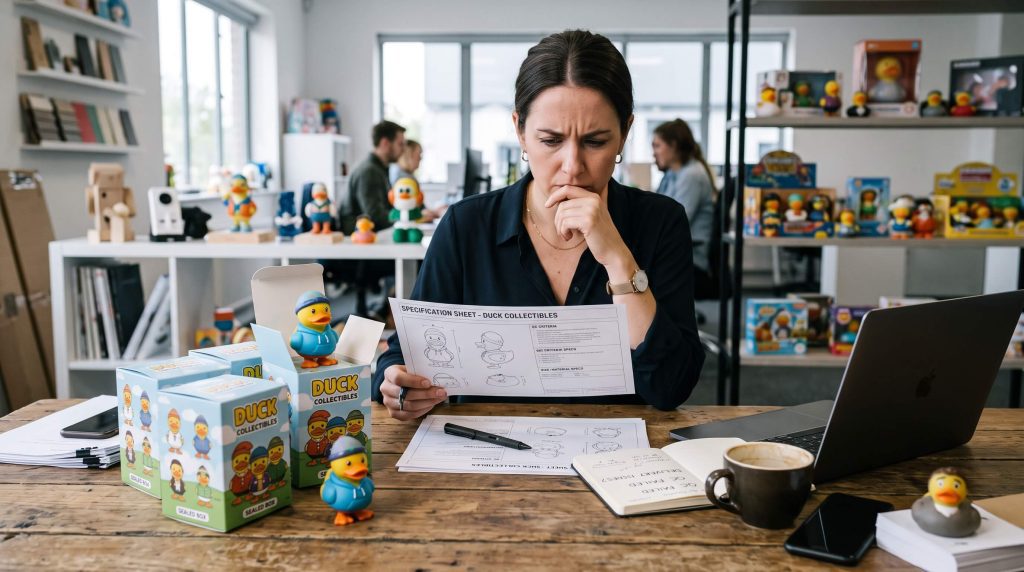 Retail Buyer Evaluating Upset Duck V1 Collectible Boxes