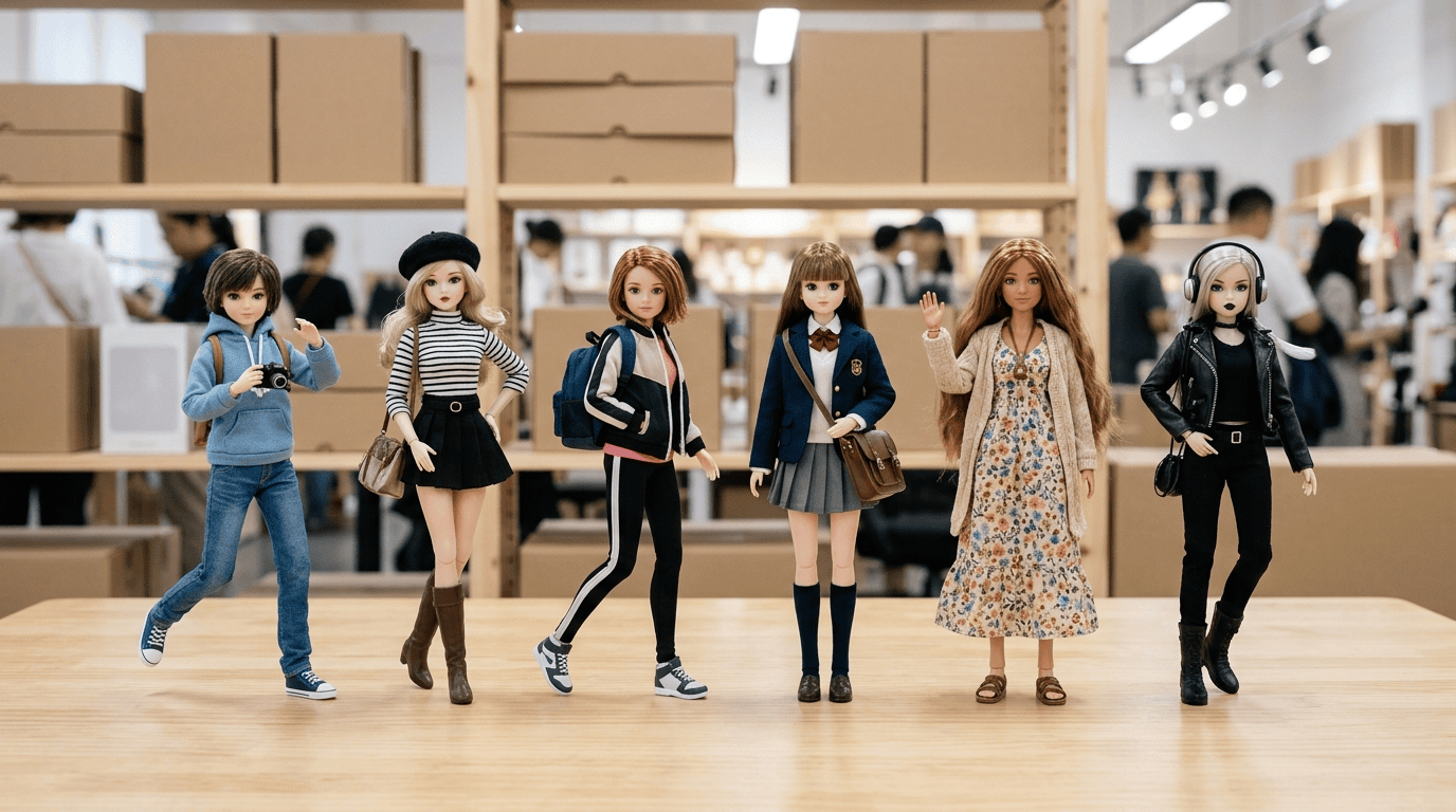 Comparação entre os designs dos personagens e as especificações das caixas surpresa de BJD em escala 1/8