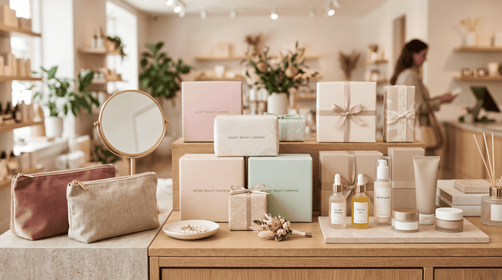 Beauty Boutique Blind Boxes Displayed With Cosmetics And Gift Accessories