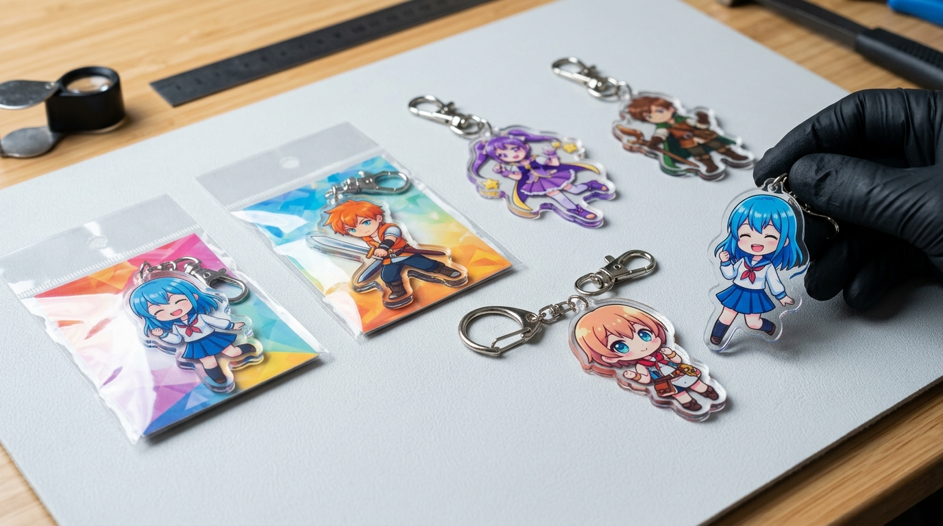 Acrylic Keychain Blind Box Samples Being Compared For Print And Hardware Quality