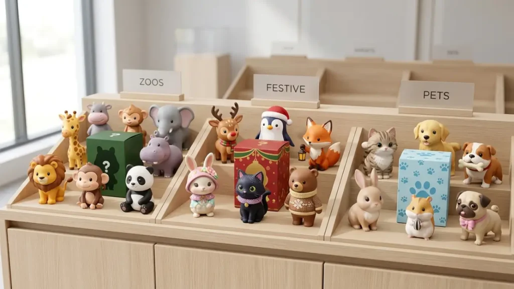 Animal Blind Boxes Displayed For A Retail Assortment Comparison