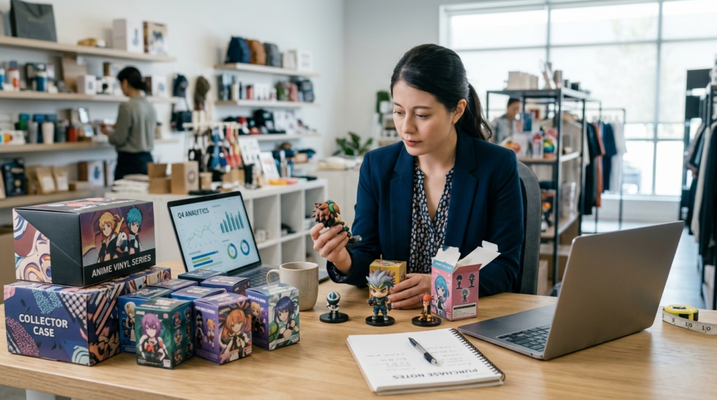 Retail Buyer Evaluating An Anime Blind Box Pre-Order