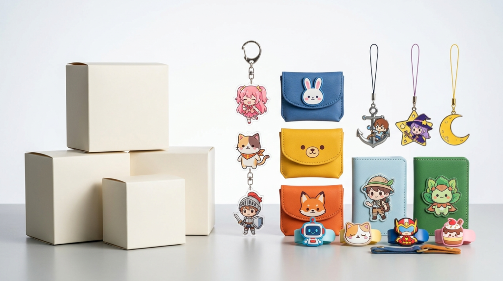 Assortment Of Functional Anime Blind Boxes With Keychains, Pouches And Pendants