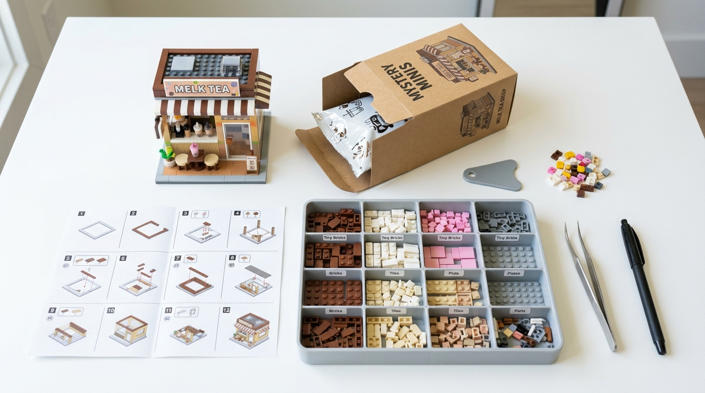 Milk Tea Blind Box Components And Finished Building Block Model Under Evaluation