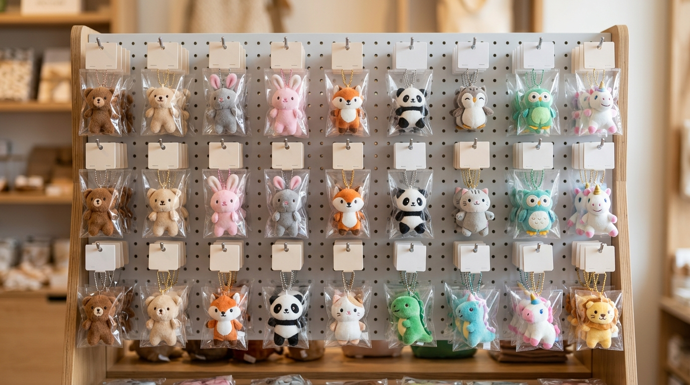 Nunu Plush Pendant Assortment Organized For Retail Display