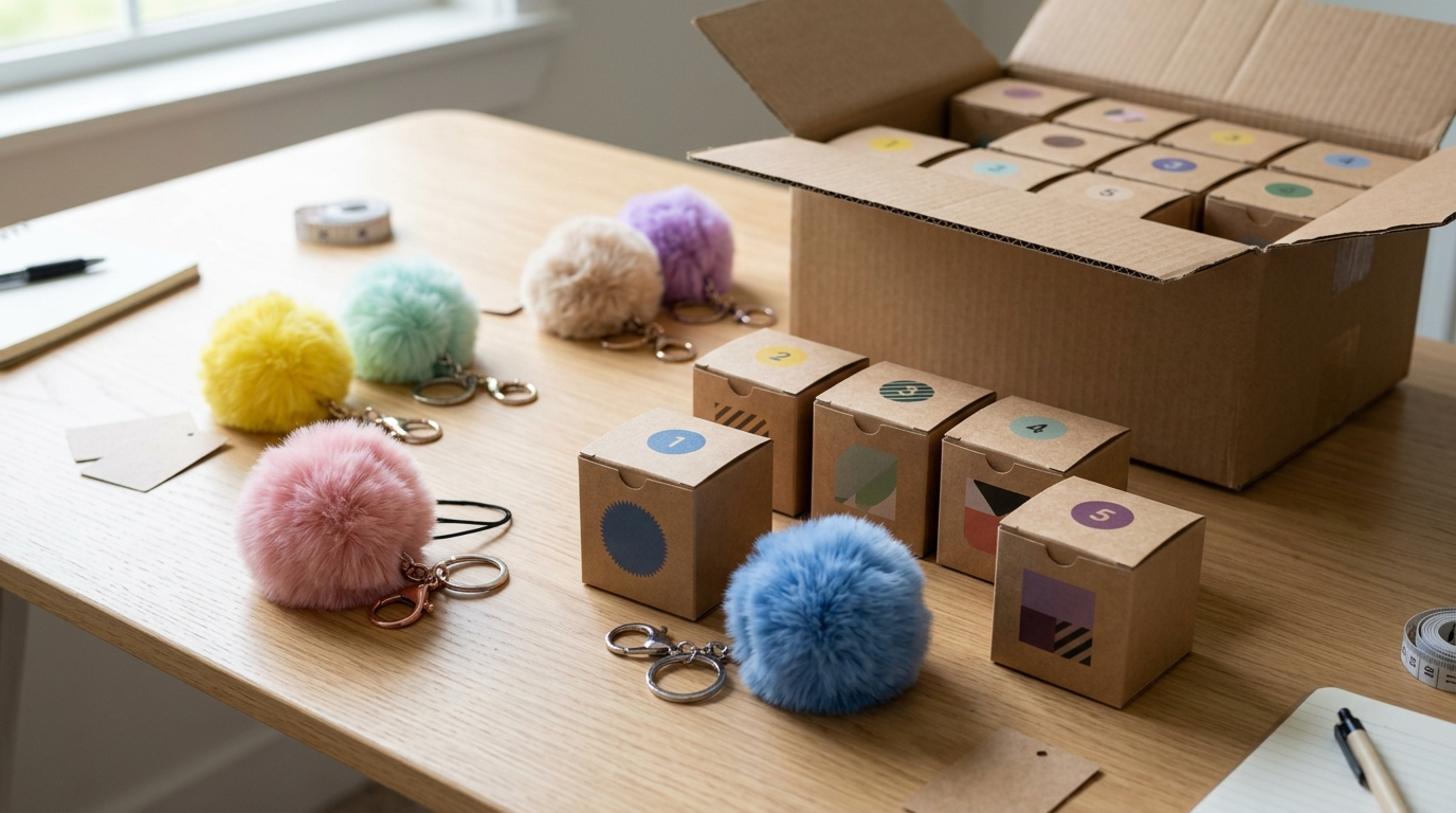 Buyer Evaluating Pom Pom Keychain Blind Box Materials And Packaging