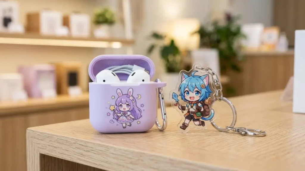 Silicone Earphone Pouch And Acrylic Keychain Compared As Anime Accessory Options.