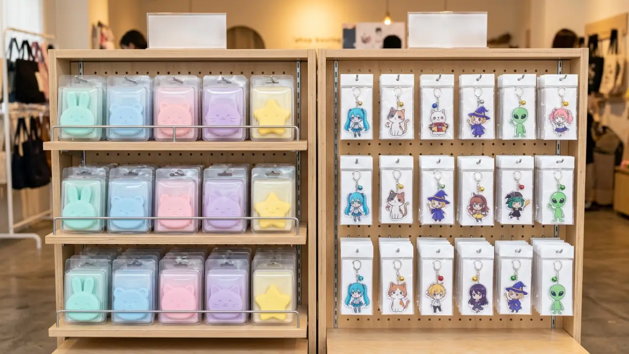 Anime Accessory Display Comparing Packaged Silicone Pouches And Acrylic Keychains.