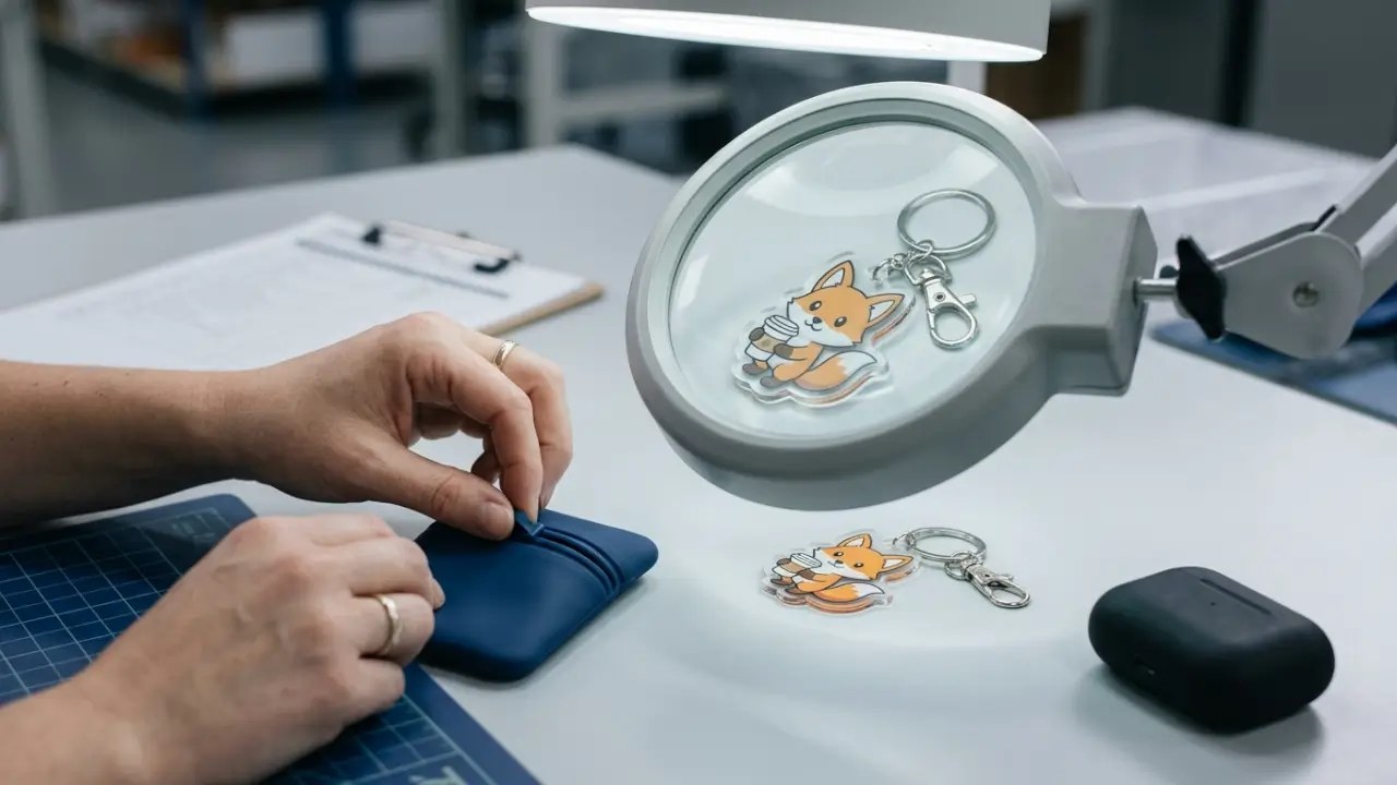 Quality Checks For Silicone Earphone Pouch Fit And Acrylic Keychain Finishing.