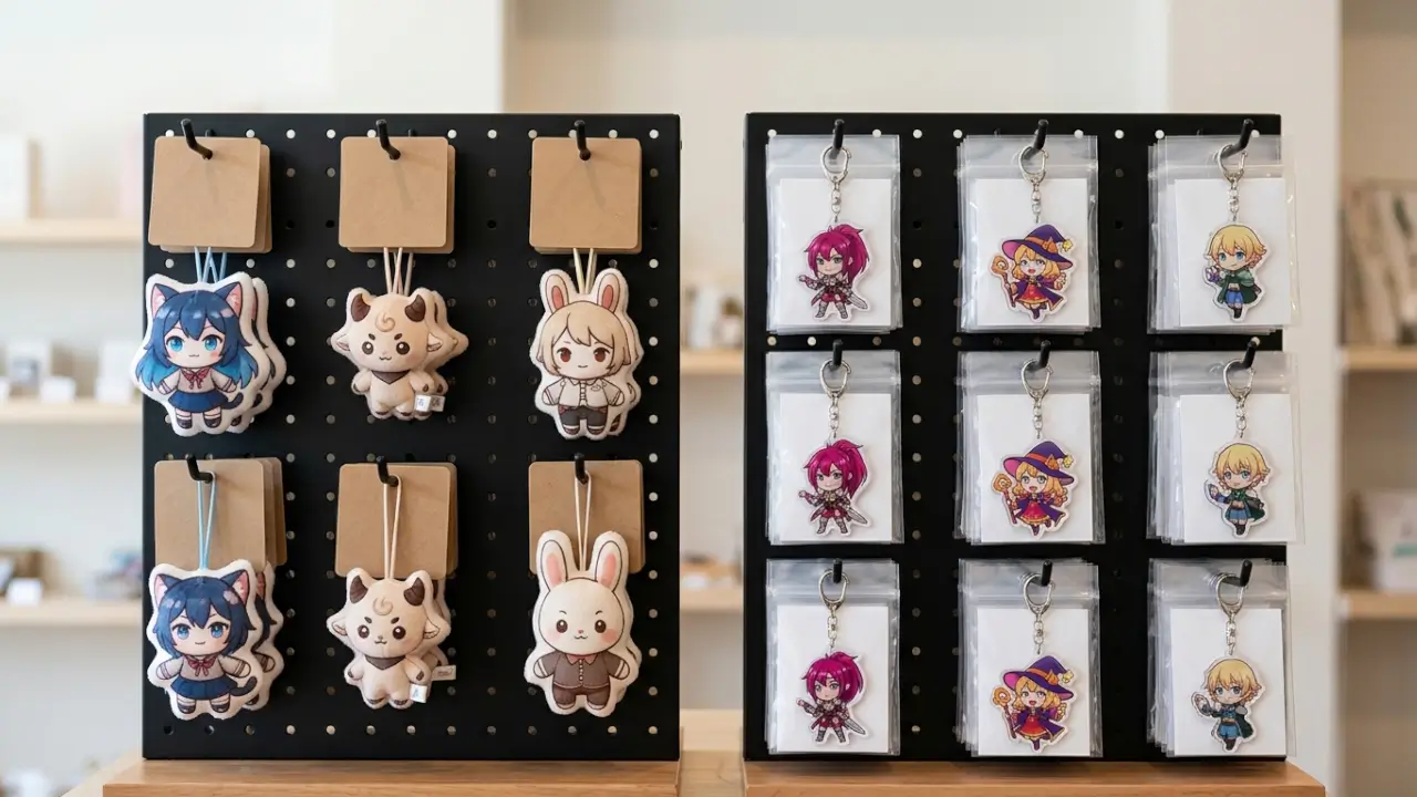 Plush Pendants And Acrylic Anime Keychains On Compact Retail Displays