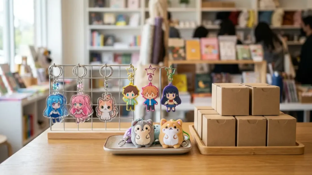 Keychain Blind Boxes And Character Charms Displayed For Anime And Gift-Store Buying