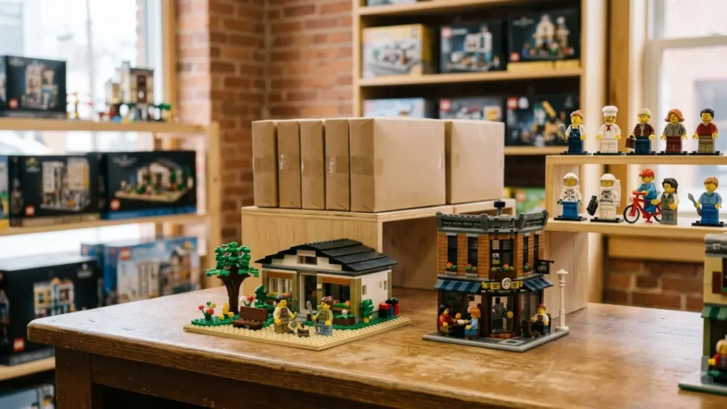 Blind Box Building Toys Displayed With Sealed Mystery Cartons In A Collectible Store
