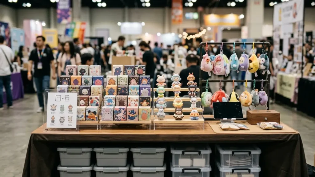 Compact Convention Booth Displaying Blind Box Products With Clear Checkout And Storage Space