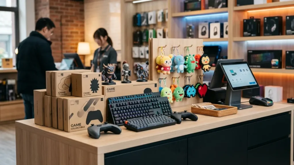 Blind Box Products Displayed Beside Keyboards And Controllers In A Gaming Accessory Store