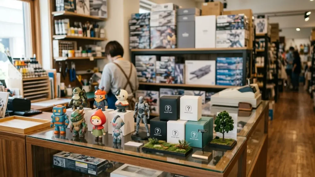 Blind Box Products Displayed Alongside Model Kits In A Hobby Shop