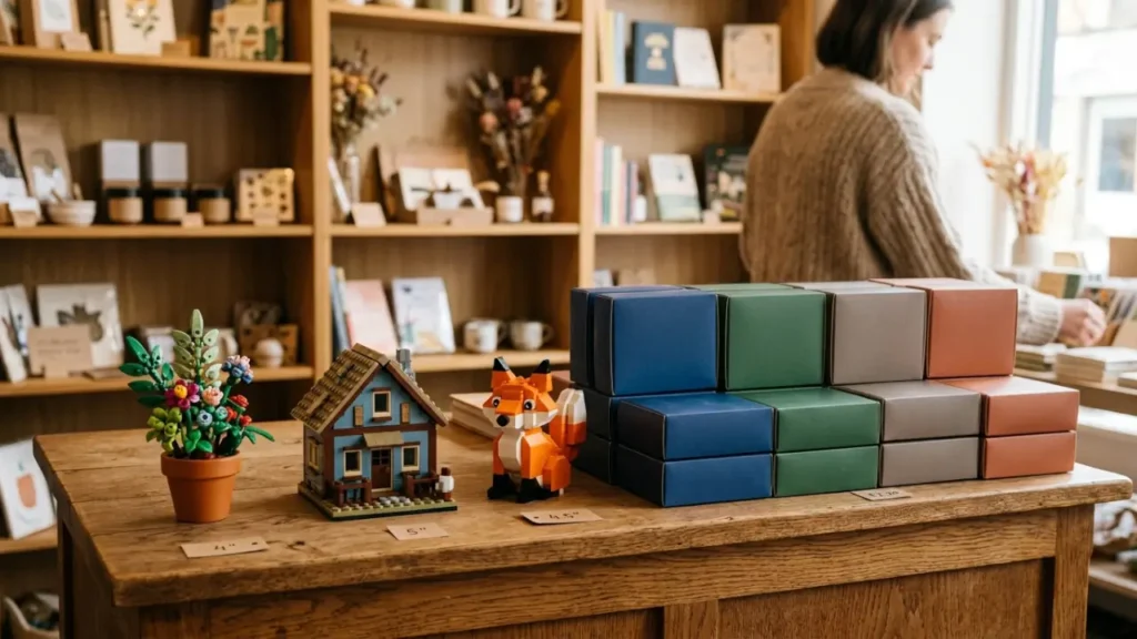 Building Block Blind Boxes And Assembled Miniature Models On A Gift Shop Counter