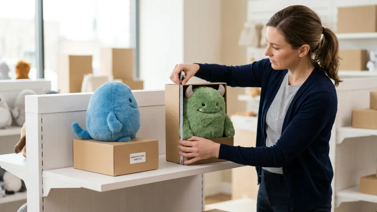 Buyer Comparing Monster Plush Samples And Packaging For Gift-Store Shelf Fit
