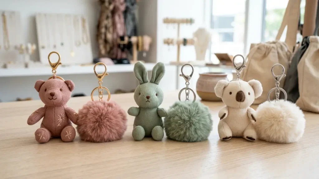 Plush Pendant And Pom Pom Keychain Options Displayed For A Gift-Store Comparison