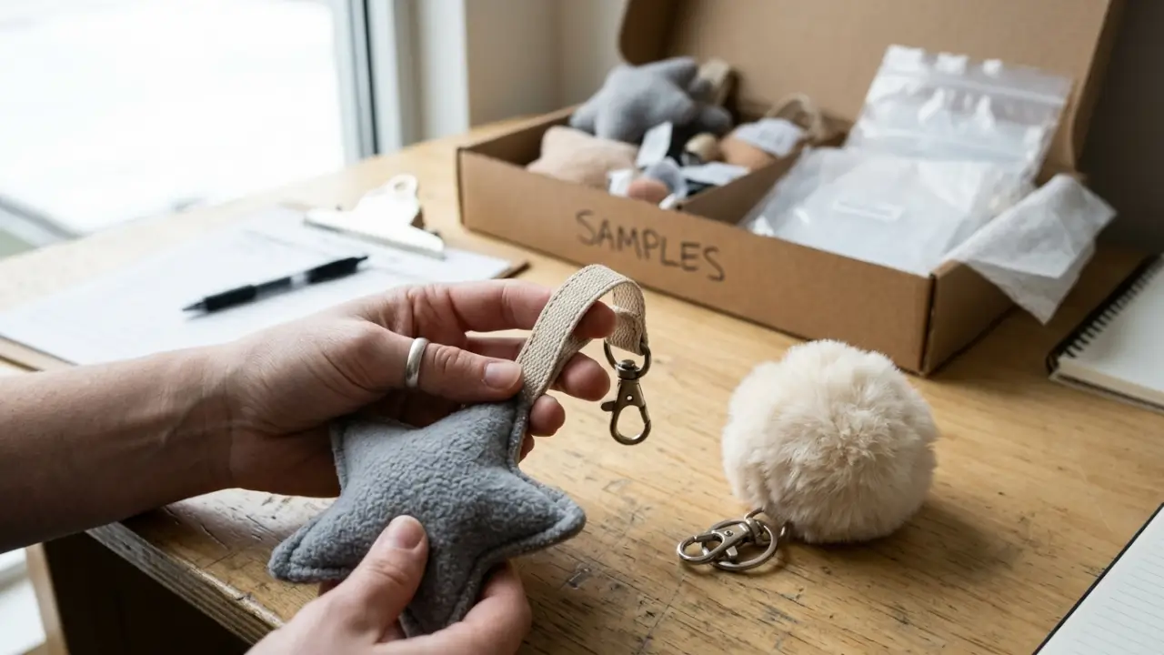 Buyer Checking Plush Pendant Stitching And Pom Pom Keychain Quality Before A Wholesale Order